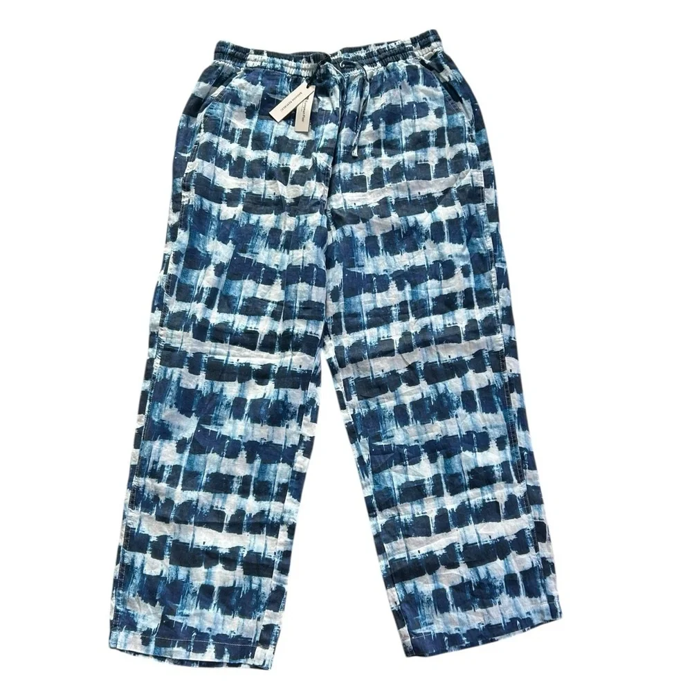 Banana Republic 100% LINEN WIDE LEG ANKLE PANT NWT Blue Shibori size L Coastal